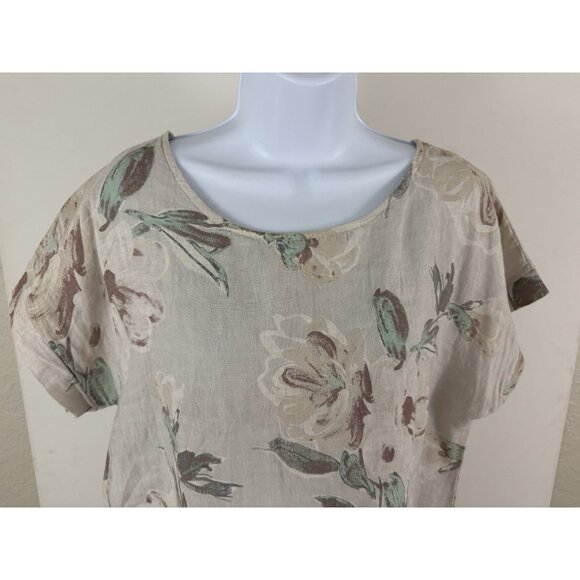 TERZO MILLENNIO Italy Pullover Linen Short Sleeve Blouse Beige Floral Sz S - Picture 2 of 5